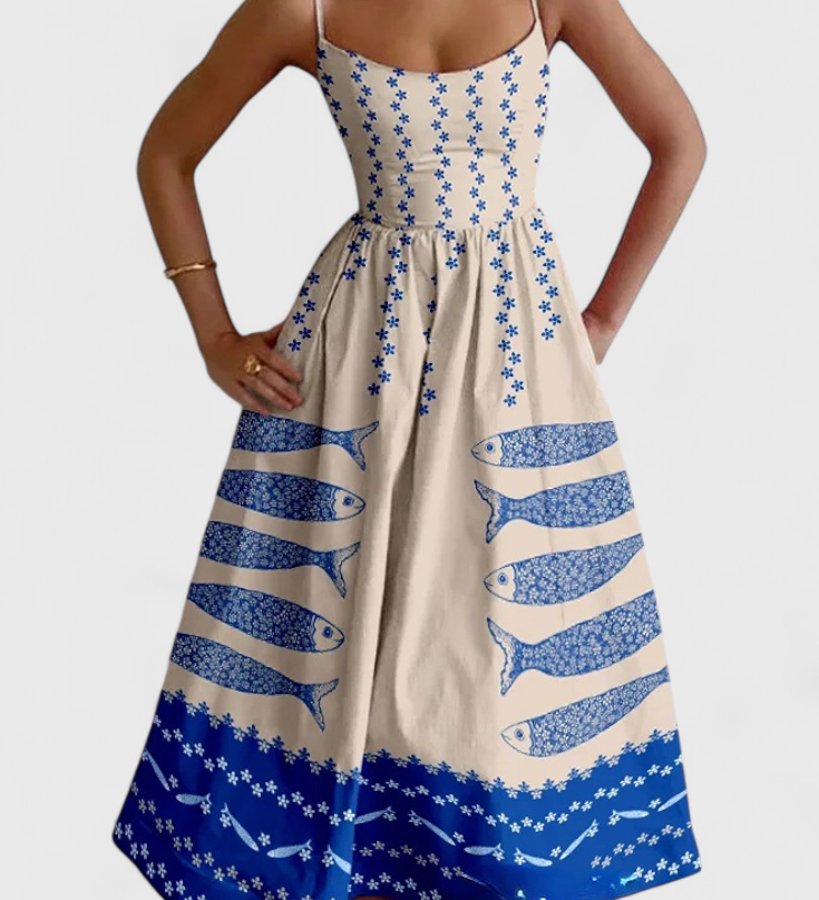 Vestido Vintage Maricela con Tirantes y Estampado de Sardinas