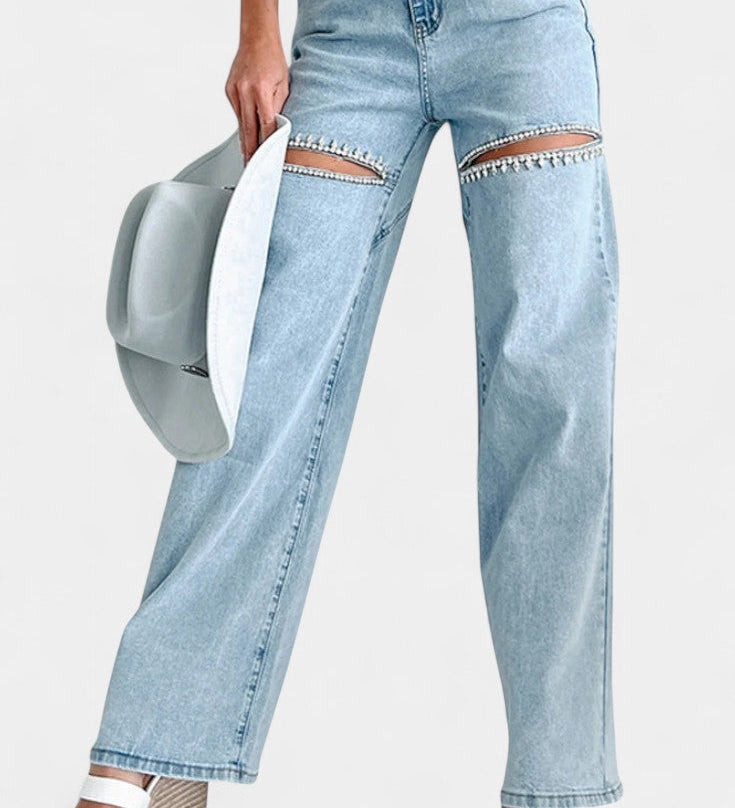Evian Jeans Ripped Straight-Leg con Rhinestones