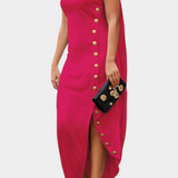 Vestido Asimétrico Afrodita con Botones Decorativos de Oro