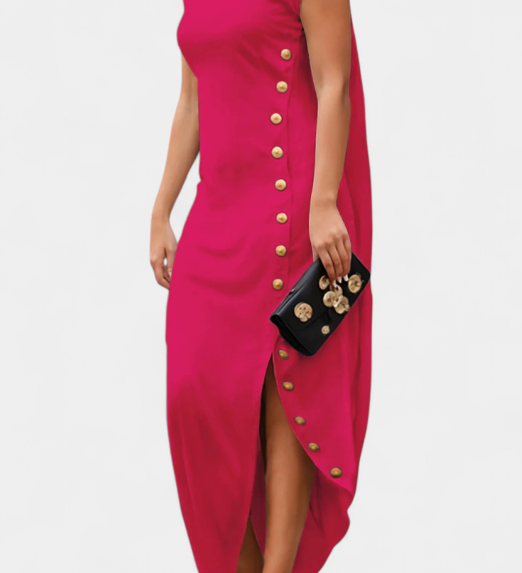 Vestido Asimétrico Afrodita con Botones Decorativos de Oro