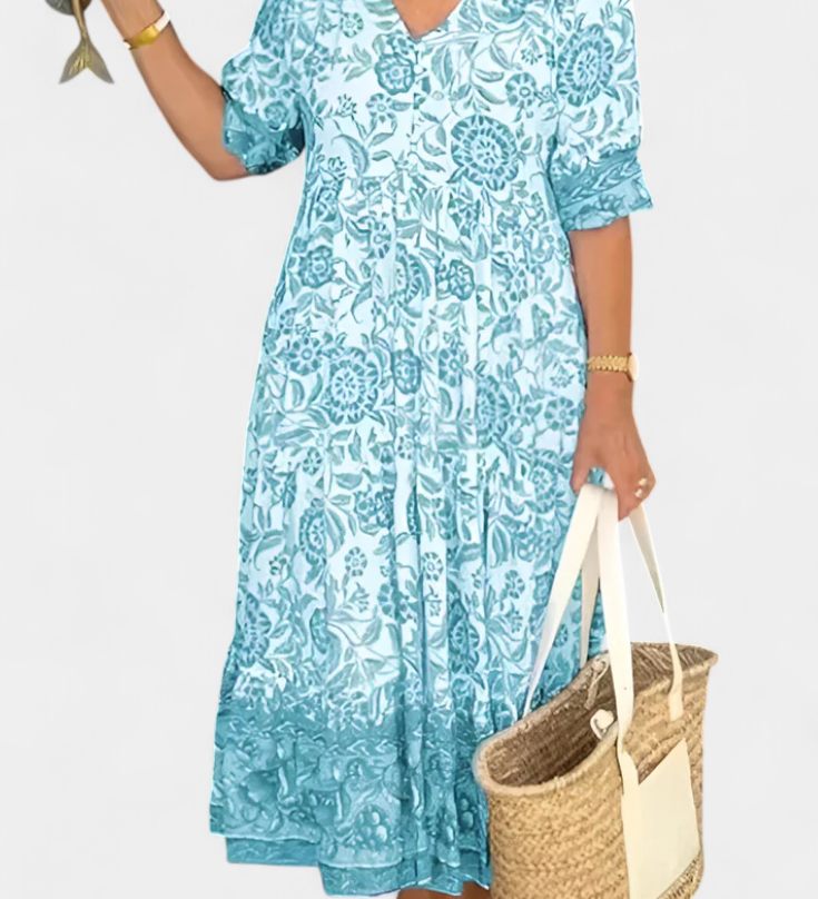 Vestido Floral Bohemio Elcira con Escote en V y Volantes