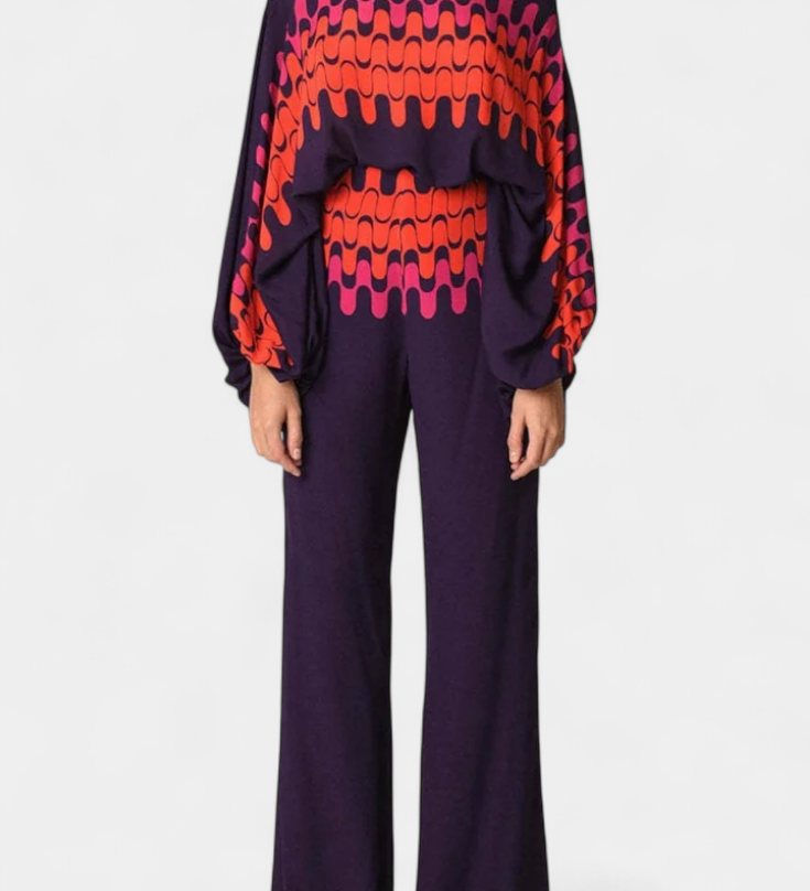 Sybella Conjunto Estampado de Dos Piezas con Pantalones de Pierna Ancha