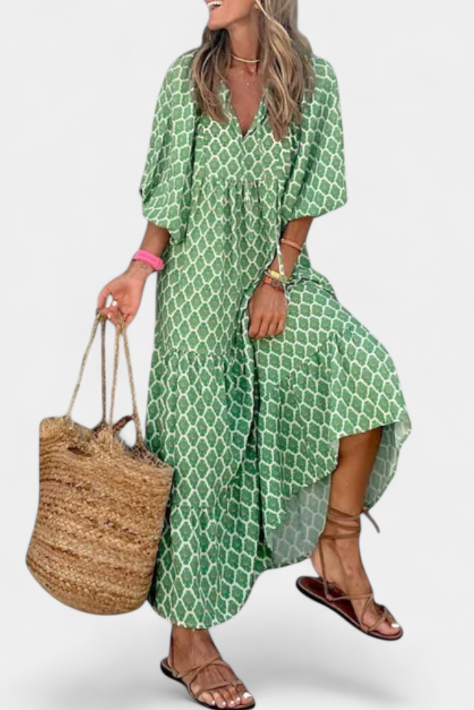 Vestido Aroa Boho con Estampado Artístico y Silueta Fluida