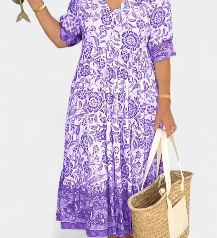 Vestido Floral Bohemio Elcira con Escote en V y Volantes