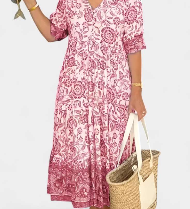 Vestido Floral Bohemio Elcira con Escote en V y Volantes