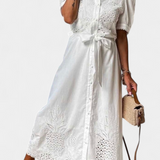 Vestido Camisa Bordado Nerea con Cinturón y Mangas Abullonadas