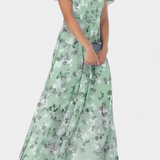 Vestido Maxi Floral Amara con Escote en V y Mangas de Volante