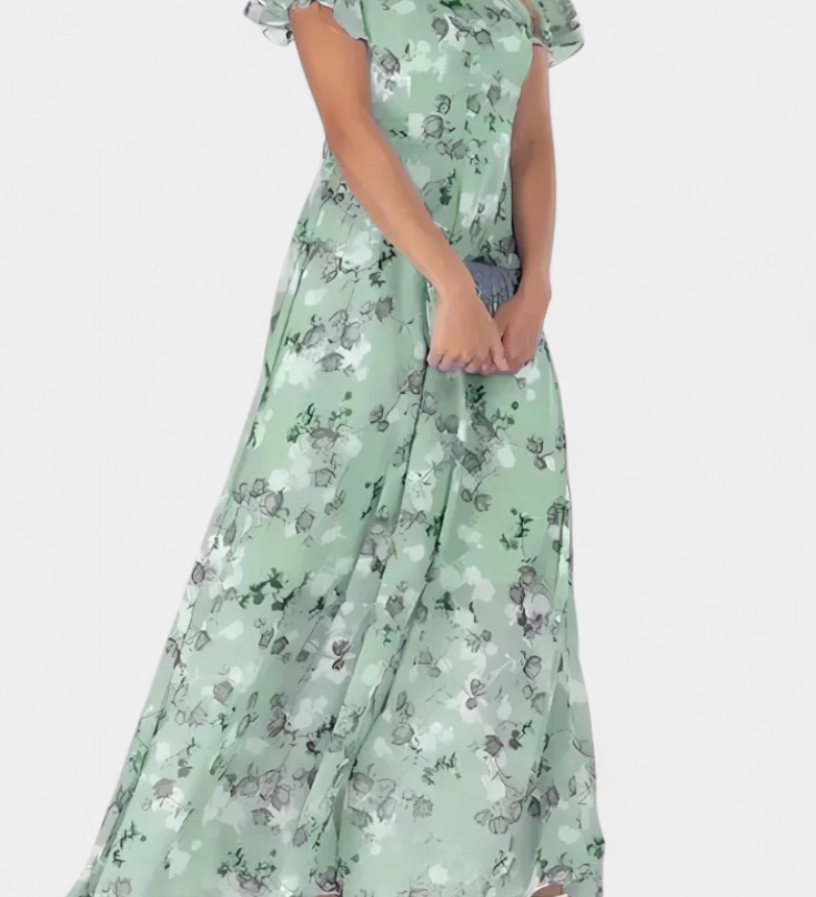 Vestido Maxi Floral Amara con Escote en V y Mangas de Volante
