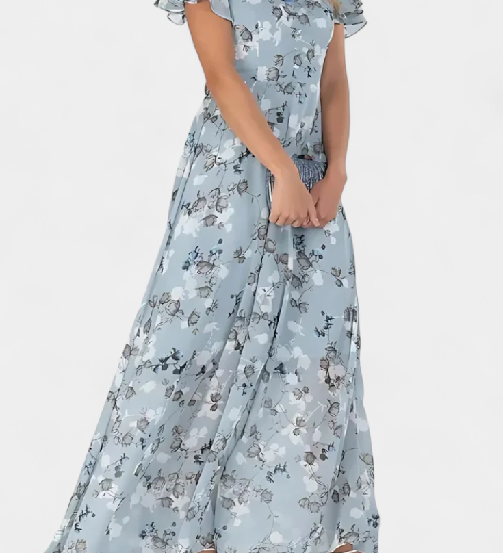 Vestido Maxi Floral Amara con Escote en V y Mangas de Volante