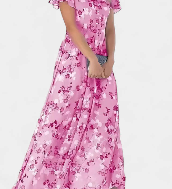 Vestido Maxi Floral Amara con Escote en V y Mangas de Volante
