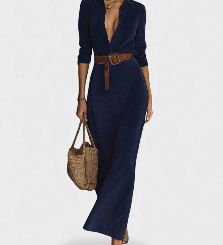 Mónica™ | Vestido largo de gamuza con cinturón ajustado