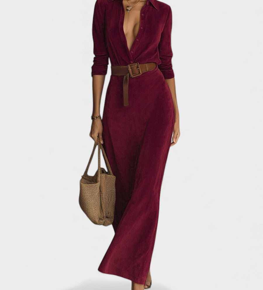 Mónica™ | Vestido largo de gamuza con cinturón ajustado