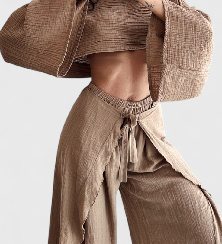 Elsie Conjunto Fluido con Kimono y Pantalón Cruzado
