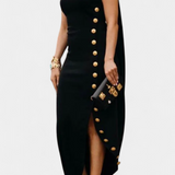 Vestido Asimétrico Afrodita con Botones Decorativos de Oro