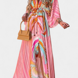 Vestido Maxi Joelle Arcoíris con Escote en V y Mangas Murciélago