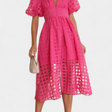 Vestido Midi de Manga Abullonada en Caléndula con Patrón de Cuadros