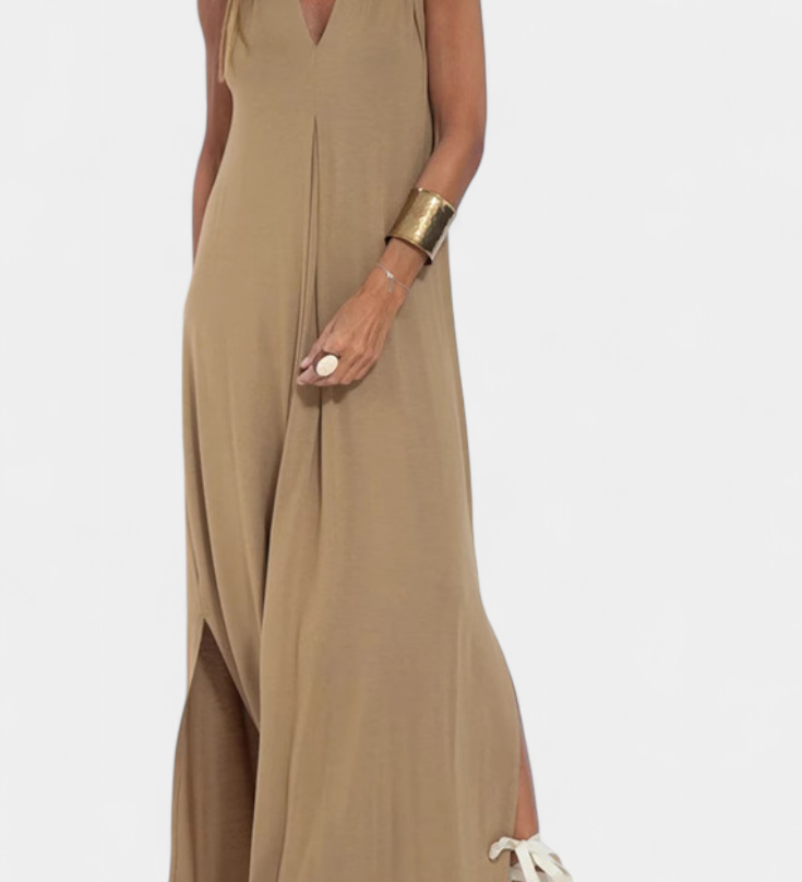 Vestido Maxi Felisa Sin Mangas en Color Sólido y Silueta Elegante