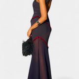 Vestido Midi Bodycon Orfila con Chifón Contrastante y Flecos