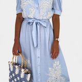 Vestido Camisa Bordado Nerea con Cinturón y Mangas Abullonadas