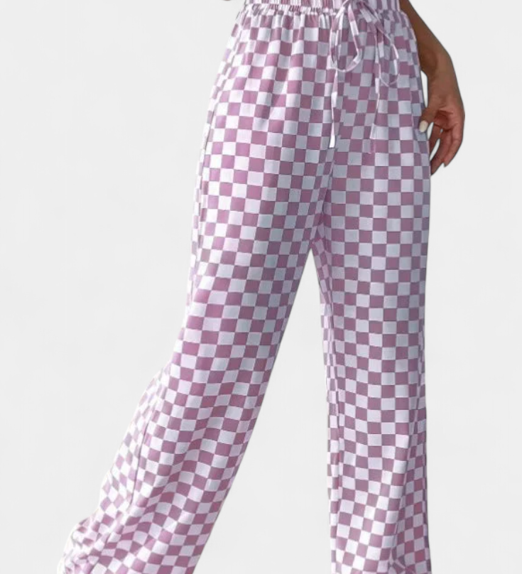 Hilaria Pantalones de Pierna Ancha con Estampado a Cuadros