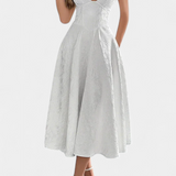 Vestido Midi Jacquard Gilda con Espalda Abierta y Cintura Alta