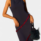 Vestido Midi Bodycon Orfila con Chifón Contrastante y Flecos
