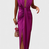 Vestido Midi Lakisha Con Pliegues y Escote Profundo