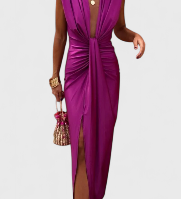 Vestido Midi Lakisha Con Pliegues y Escote Profundo
