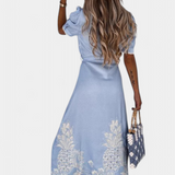 Vestido Camisa Bordado Nerea con Cinturón y Mangas Abullonadas