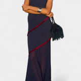 Vestido Midi Bodycon Orfila con Chifón Contrastante y Flecos