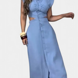 Vestido Midi Griselda con Botones y Cintura Abierta