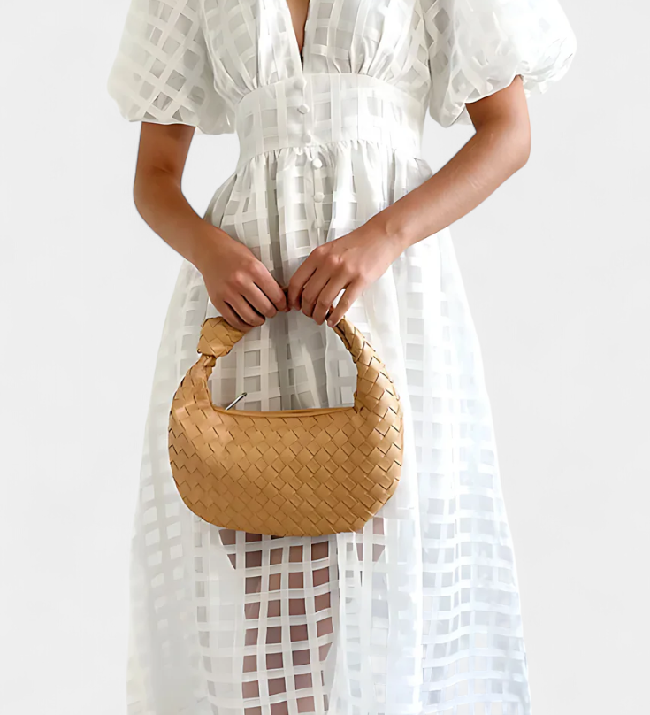 Vestido Midi de Manga Abullonada en Caléndula con Patrón de Cuadros