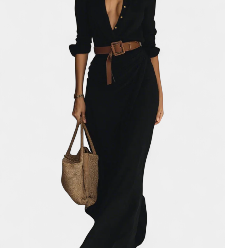 Vestido Maxi Souline con Solapa y Mangas Largas