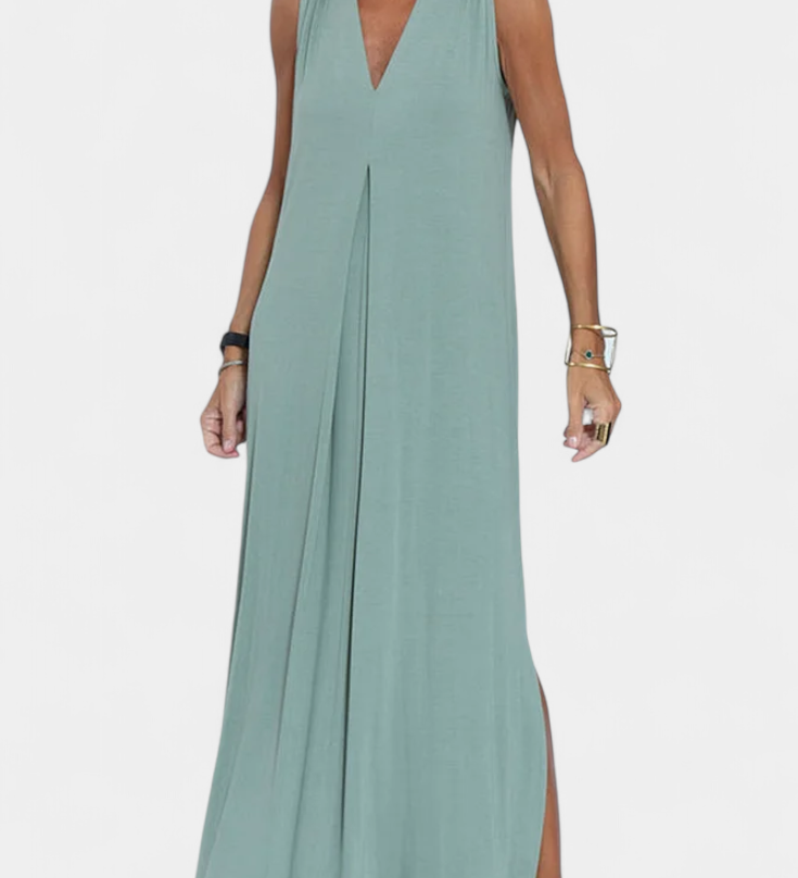 Vestido Maxi Felisa Sin Mangas en Color Sólido y Silueta Elegante