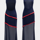 Vestido Midi Bodycon Orfila con Chifón Contrastante y Flecos