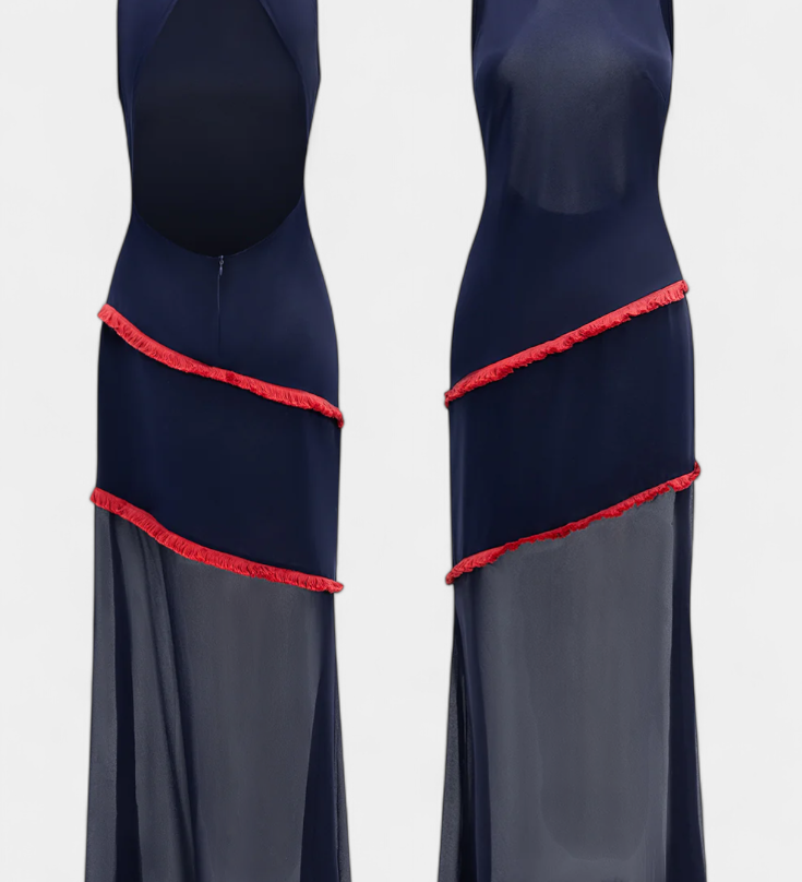 Vestido Midi Bodycon Orfila con Chifón Contrastante y Flecos