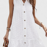 Vestido de Algodón Blanco Bordado Halina con Botones y Dobladillo Volante