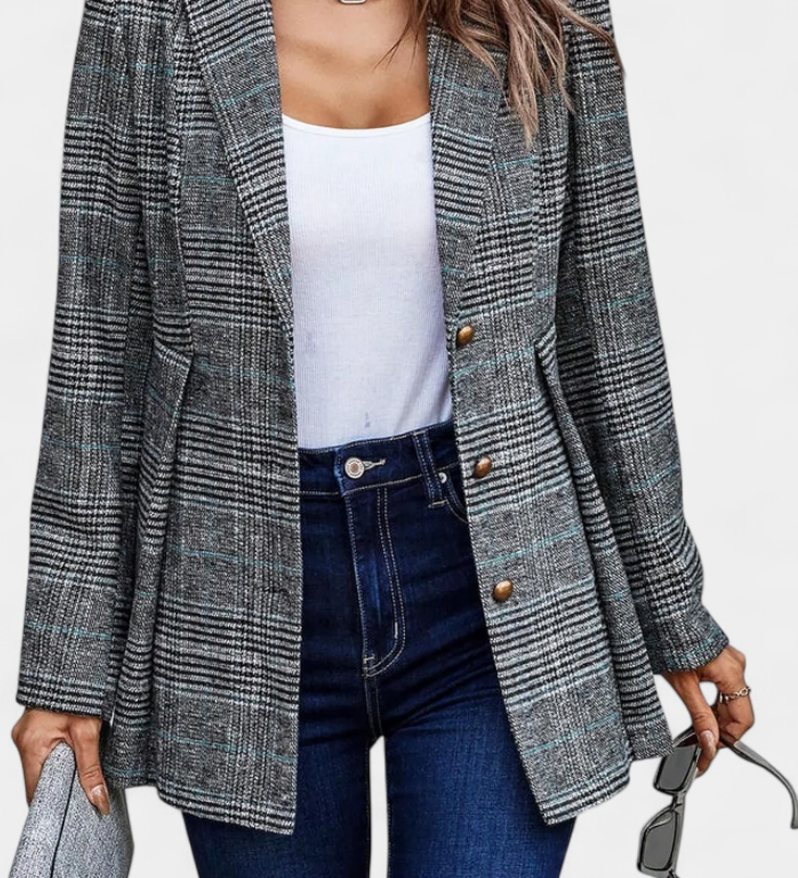 Calico Blazer Peplum a Cuadros con Solapa de Muesca