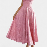 Vestido Midi Jacquard Gilda con Espalda Abierta y Cintura Alta