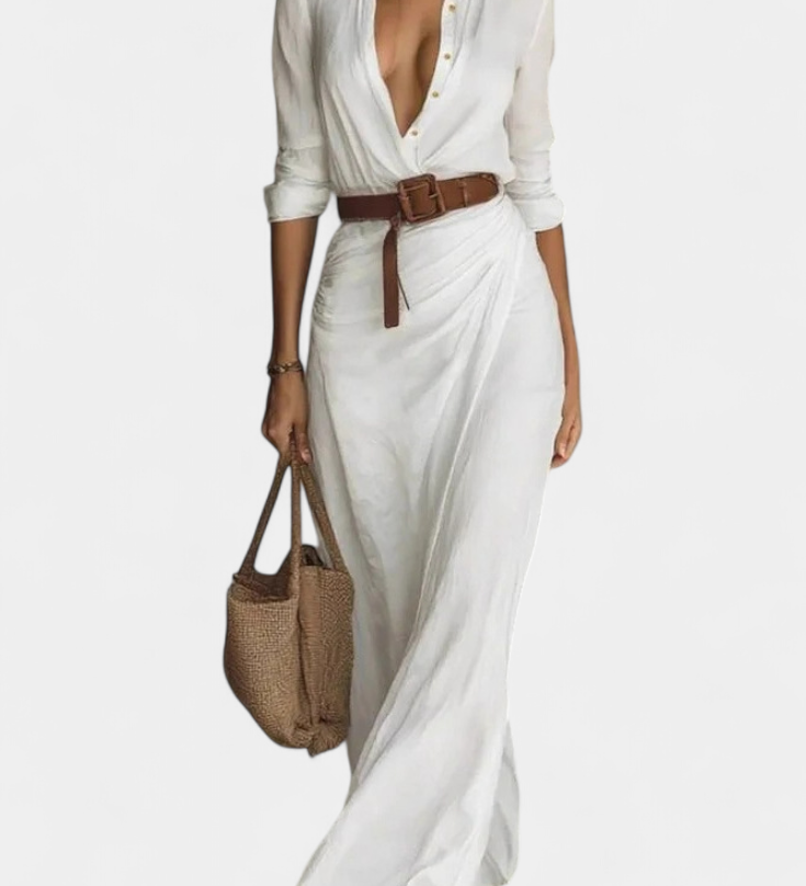 Vestido Maxi Souline con Solapa y Mangas Largas
