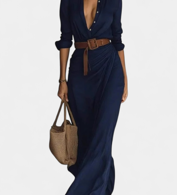 Vestido Maxi Souline con Solapa y Mangas Largas