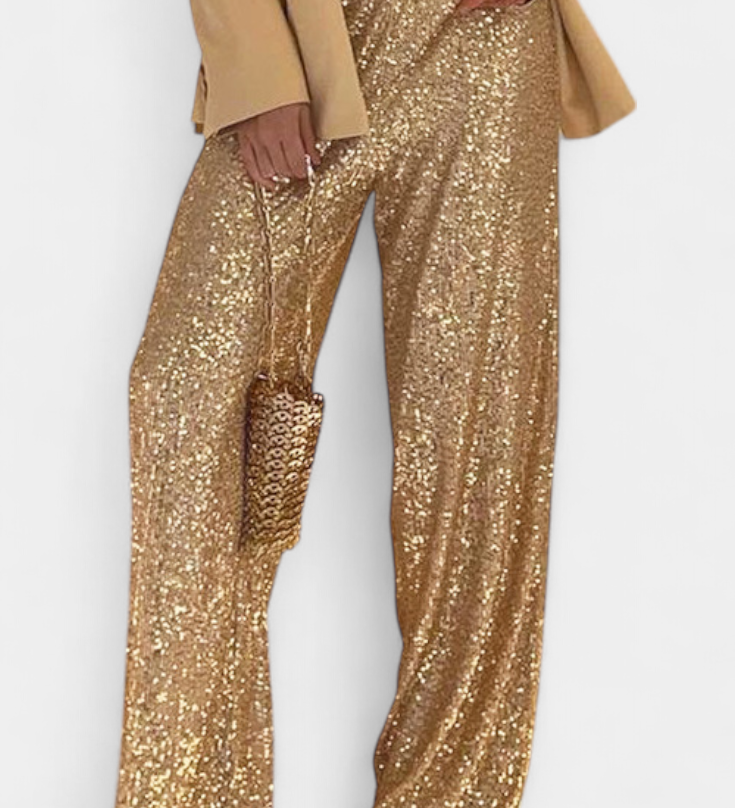 Elva Pantalones de Lentejuelas de Cintura Alta y Corte Holgado