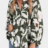 Blusa Filomena con Media Abotonadura y Mangas Abullonadas en Estampado Floral Abstracto