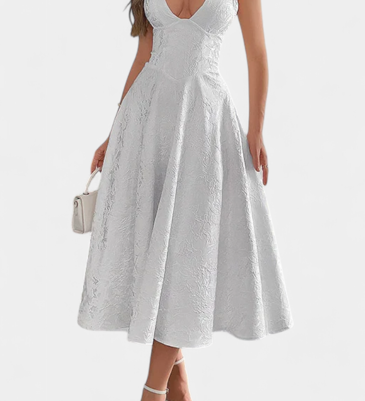 Vestido Midi Jacquard Gilda con Espalda Abierta y Cintura Alta