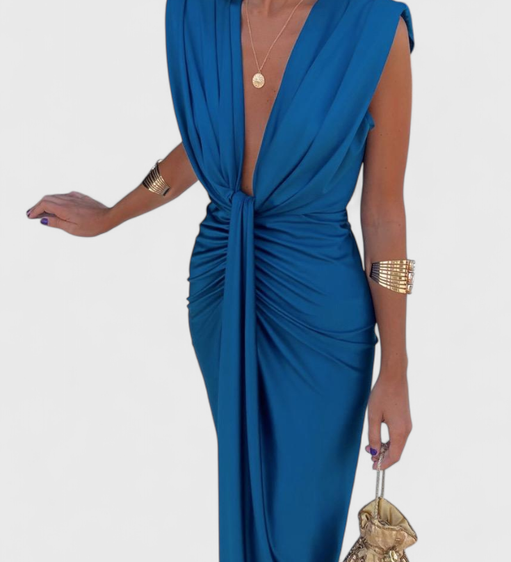 Vestido Midi Lakisha Con Pliegues y Escote Profundo