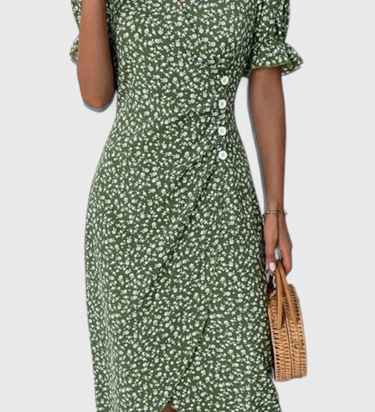 Vestido Midi Floral Joana con Escote en V y Mangas Cortas
