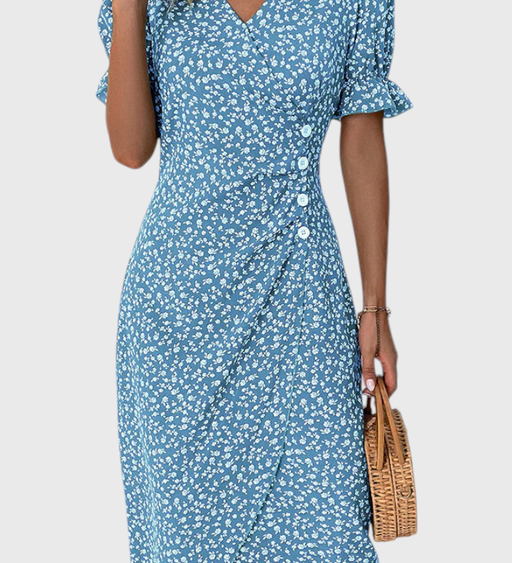 Vestido Midi Floral Joana con Escote en V y Mangas Cortas