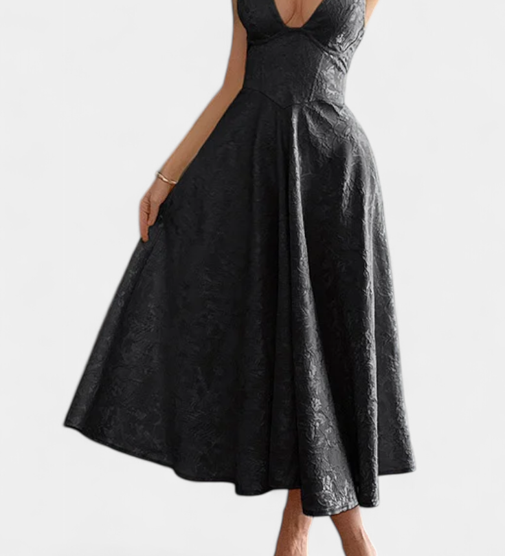 Vestido Midi Jacquard Gilda con Espalda Abierta y Cintura Alta