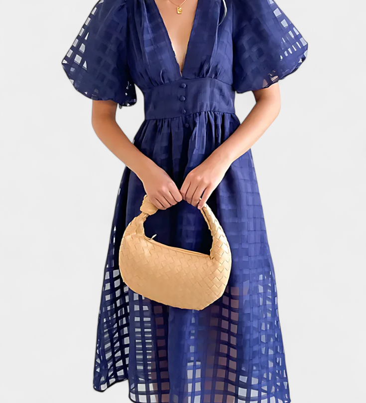 Vestido Midi de Manga Abullonada en Caléndula con Patrón de Cuadros