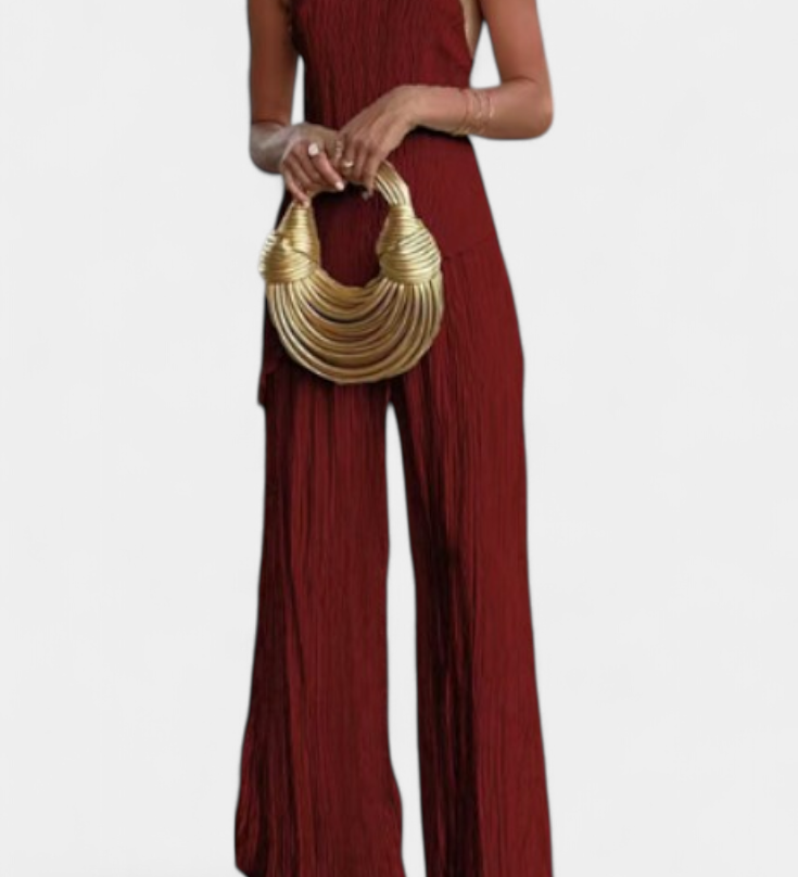 Pilarica Conjunto Elegante Plisado de Top Asimétrico y Pantalón Fluido